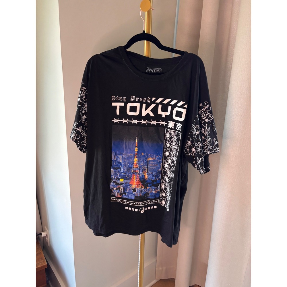 Fresh Laundry Tokyo Graphic T-Shirt Mens 3XL Black Floral Sleeve Tokyo Tower Tee